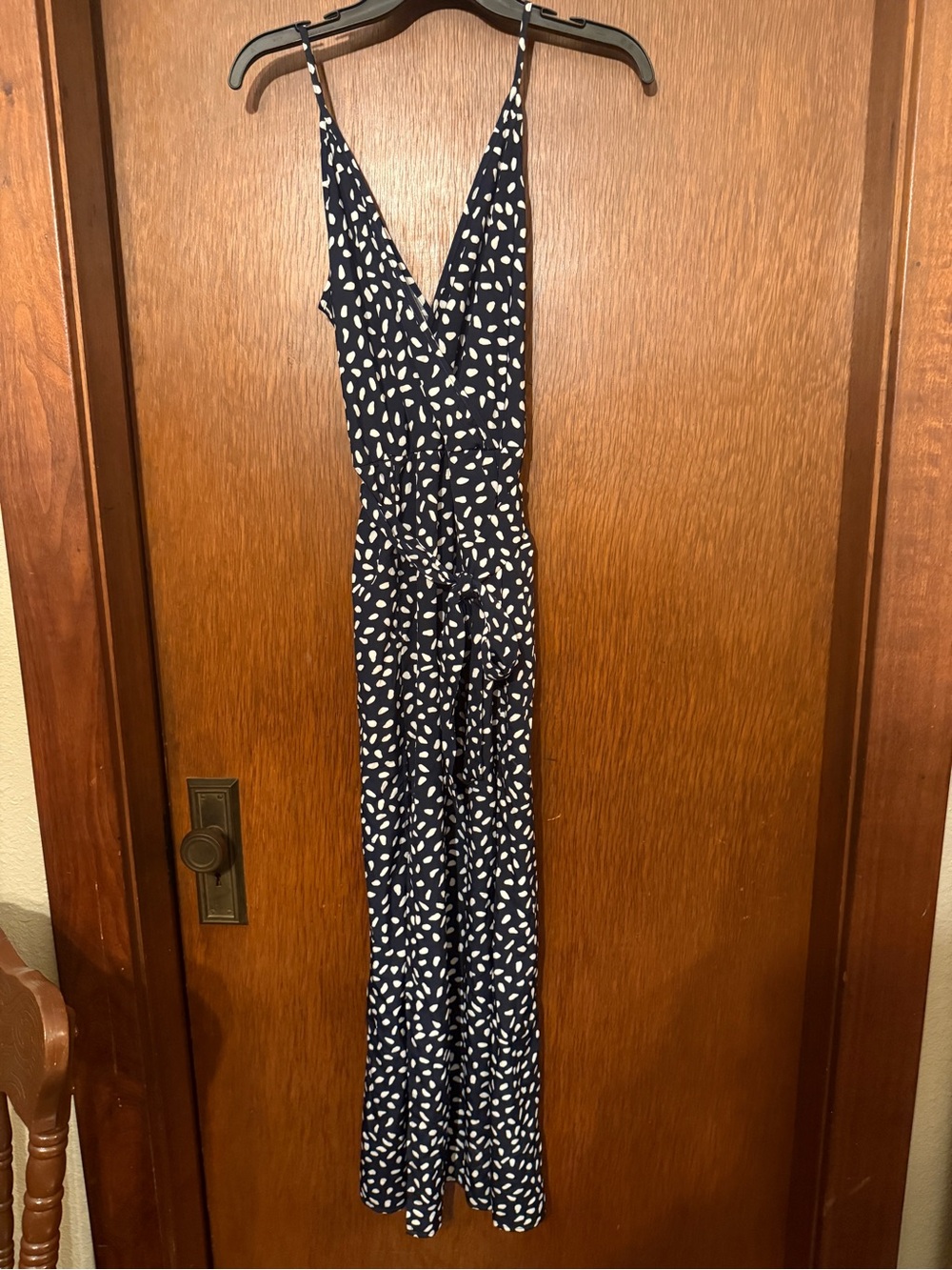 SHEIN Navy Blue & White Printed Spaghetti-Strap Jumpsuit